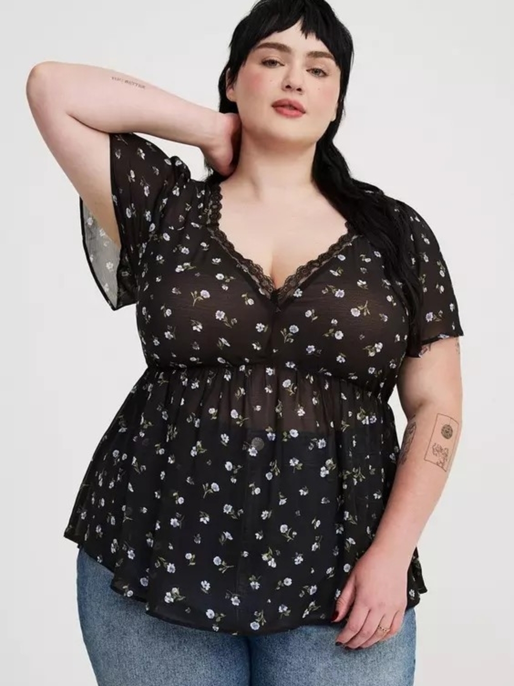 Torrid Lace-Trim Black Floral Peplum Top
